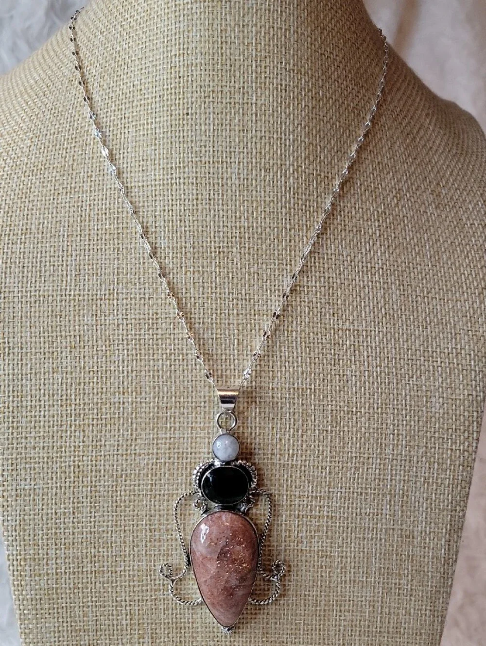 Sterling Silver Sunstone Pendant with Rainbow Moonstone and Synthetic Emerald